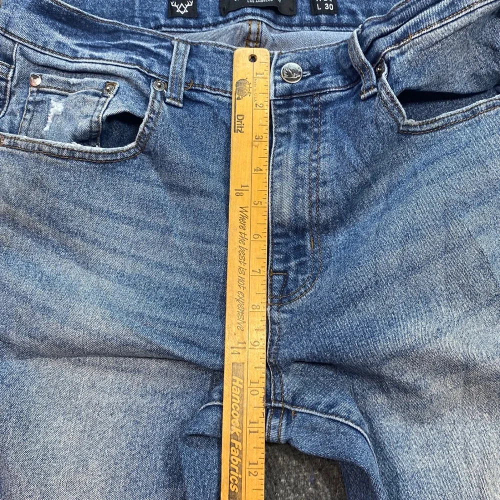 MBX Denim Jeans Sz 34 Mens Blue Streetwear Straight Leg Faded Distressed Detail